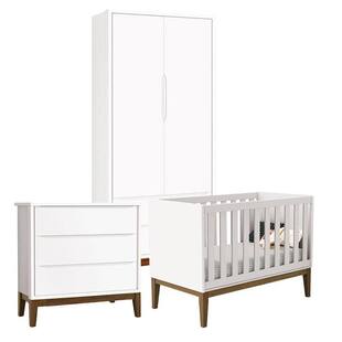 Quarto de Bebê Classic 2 Portas Cômoda Gaveteiro Branco com Pés Amadeirados - Reller