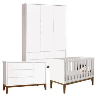 Quarto de Bebê Classic 3 Portas Cômoda com Porta Branco com Pés Amadeirados - Reller