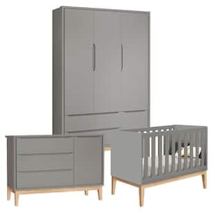Quarto de Bebê Classic 3 Portas Cômoda com Porta Cinza com Pés Madeira Natural - Reller