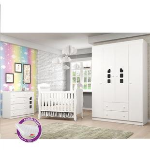 Quarto de Bebê com Berço Danny + Colchão + Guarda Roupa 4 Portas, Cômoda Livia - Phoenix Baby