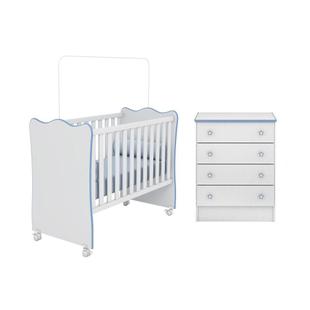 Quarto De Bebê Com Berço Simples e Cômoda 4 Gavetas Doce Sonho Azul - Qmovi