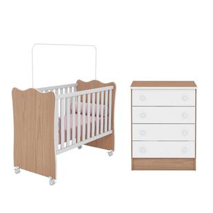 Quarto De Bebê Com Berço Simples e Cômoda 4 Gavetas Doce Sonho Branco - Qmovi