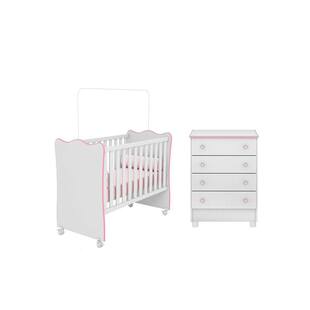 Quarto De Bebê Com Berço Simples e Cômoda 4 Gavetas Doce Sonho Rosa - Qmovi