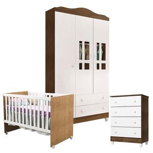 Quarto de Bebê com Gaveteiro Ariel e Berço Gabi Branco Acetinado Amadeirado - Carolina - Carolina Baby