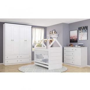 Quarto Infantil com Guarda Roupa 4 Portas 1 Cômoda e 1 Berço Mini Cama Faz de Conta Siena Móveis Branco