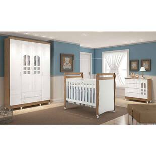 Quarto De Bebê com Guarda Roupa 4 Portas, Cômoda 4 Gavetas Selena Lc e Berço Mini Cama Mirelle Carolina Baby Branco/Amadeirado Branco/Amadeirado