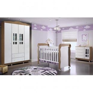 Quarto de Bebê com Guarda Roupas 4 Portas, Cômoda, Fraldário e Berço Mini Cama Ariel Mirelle Siena Móveis Branco/Amadeirado