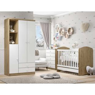 Quarto de Bebê Completo com Berço, Cômoda e Guarda-roupa Henn Bala de Menta - Rústico/Branco