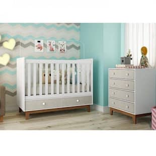 Quarto de Bebê Completo com Berço e Cômoda Retrô Completa Móveis Branco/Inhotin/Nude