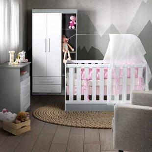 Quarto de Bebê Completo com Berço, Guarda Roupa e Cômoda Beija Flor MadeiraMadeira Cinza/Branco