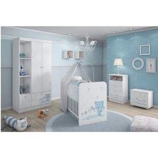 Quarto de Bebê completo com Guarda Roupa 2 Portas, Berço, Cômoda e Baú Kids Móveis Serpil Branco/Azul