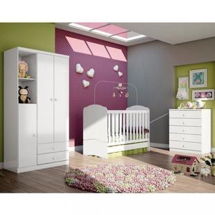 Quarto de Bebê Completo com Guarda Roupa 3 Portas, Cômoda e Berço Bala de Menta Henn Flex Color Branco/Branco/Rosa