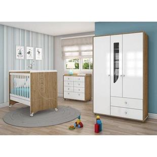 Quarto de Bebê Completo com Guarda Roupa 3 Portas, Cômoda e Berço Mini Cama Benjamin Siena Móveis Rústico/Branco