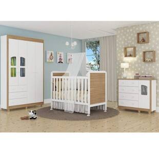 Quarto de Bebê Completo com Guarda Roupa 4 Portas, Berço Mini Cama e Cômoda Lisi Branco Brilho/Carvalho - Móveis Peroba