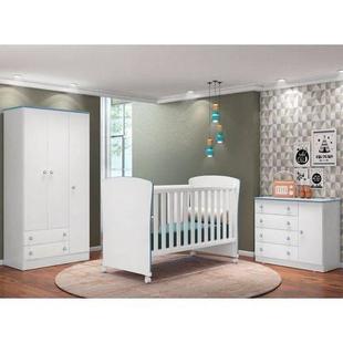 Quarto De Bebê Completo Doce Sonho E Berço 2484 Branco/Azul - Qmovi