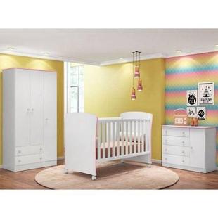 Quarto De Bebê Completo Doce Sonho E Berço 2484 Branco/Rosa - Qmovi