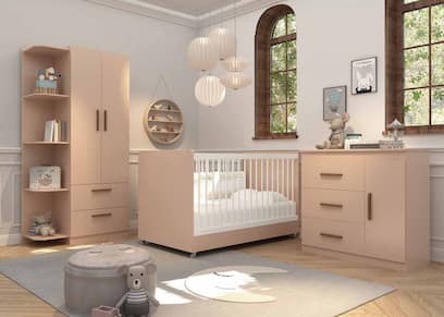 Quarto de Bebê Completo Floc 2 Portas Rosê com Branco Acetinado - MóveisAqui - Moveisaqui