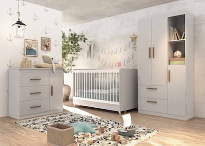 Quarto de Bebê Completo Floc 3 Portas Cinza com Branco Acetinado - MóveisAqui - Moveisaqui