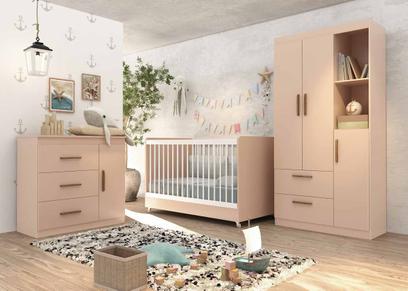 Quarto de Bebê Completo Floc 3 Portas Rosê com Branco Acetinado - MóveisAqui - Moveisaqui