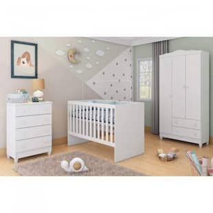 Quarto de Bebê Completo Guarda Roupa 3 Portas, Cômoda e Berço Núbia Siena Móveis Branco