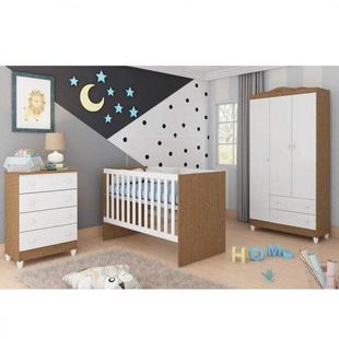 Quarto de Bebê Completo Guarda Roupa 3 Portas, Cômoda e Berço Núbia Siena Móveis Branco/Amadeirado