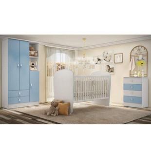 Quarto de Bebê Completo Pimpolho com Guarda Roupa 3 Portas, Cômoda e Berço Siena Móveis Branco/Azul