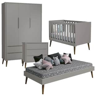 Quarto de Bebê Completo Theo Guarda Roupa 3 Portas Cinza Reller