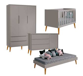 Quarto de Bebê Completo Theo Guarda Roupa 3 Portas e Cômoda com Porta Cinza - Reller