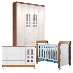 Quarto de Bebê Gran Selena 4 Portas com Berço Mirelle Branco Acetinado Amadeirado - Carolina - Carolina Baby