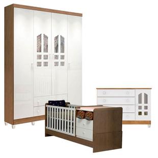 Quarto de Bebê Gran Selena 4 Portas com Berço Multifuncional Branco Acetinado Amadeirado - Carolina - Carolina Baby