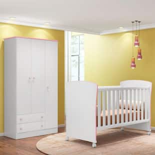 Quarto de Bebê Guarda Roupa Doce Sonho e Berço 2484 Branco/Rosa - Qmovi