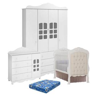 Quarto de Bebê Imperial 4 Portas com Berço Americano Realeza Branco Acetinado com Colchão - Canaã - Canaa Baby