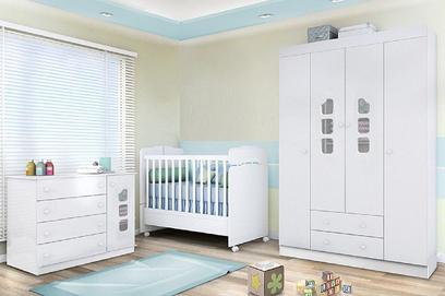Quarto de Bebê Lívia com Guarda Roupa 04 Portas + Cômoda + Berço Mini Cama - Phoenix Baby