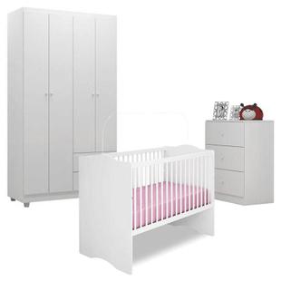 Quarto de Bebê Louise 4 Portas com Berço Alegria Branco Brilho - AJL - Ajl Móveis