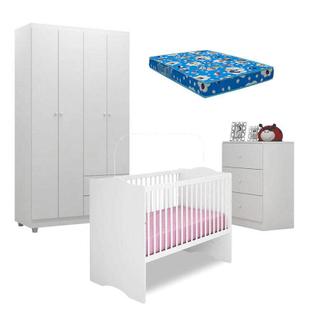 Quarto de Bebê Louise 4 Portas com Berço Alegria Branco Brilho e Colchão Ortobom - AJL - Ajl Móveis
