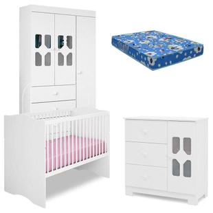 Quarto de Bebê New Cristal 3 Portas com Berço Americano Alegria Branco Brilho e Colchão - Canaã - Canaa Baby