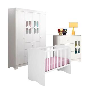 Quarto de Bebê New Cristal 4 Portas com Berço Alegria Branco Brilho Canaã - Canaa Baby
