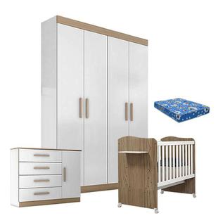 Quarto de Bebê Pietra com Berço Americano Munique Branco Brilho Wengue e Colchão - Canaã - Canaa Baby