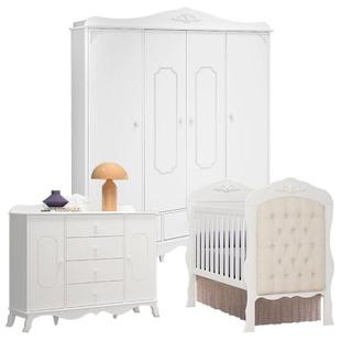 Quarto de Bebê Realeza 4 Portas Berço com Capitonê Branco Acetinado - Canaã - Canaa baby