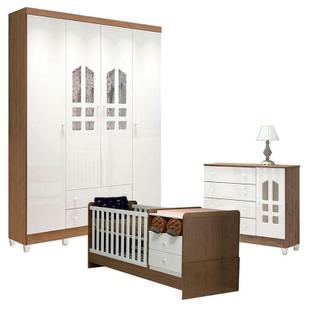 Quarto de Bebê Selena 4 Portas com Berço Multifuncional Branco Acetinado Amadeirado - Carolina - Carolina Baby