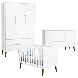 Quarto de Bebê Theo 3 Portas com Cômoda com Porta Branco Acetinado com Pés Amadeirado - Reller