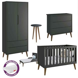 Quarto de Bebê Théo Retrô Com Guarda Roupa 2 Portas + Cômoda + Berço + Mesa + Colchão - Reller