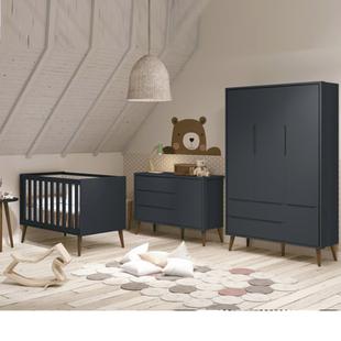 Quarto de Bebê Théo Retrô Com Guarda Roupa + Cômoda + Berço - Reller
