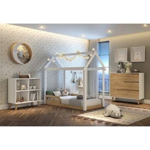 Quarto Infantil 1 Cama 1 Cômoda 3 Gavetas 1 Prateleira Ravi Espresso Móveis Branco/ Bétula - Carolina Baby