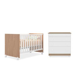 Quarto Infantil Berço Mini Cama Americano e Cômoda 4 Gavetas Amore Branco/Carvalho - Qmovi