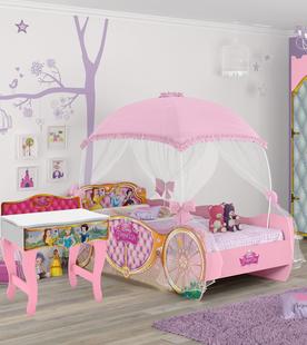 Quarto Infantil Cama Princesas Disney Star com Dorsel e Penteadeira Princesas Premium Pura Magia
