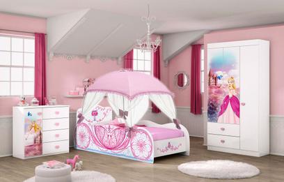 Quarto Infantil Carruagem Cama com Dossel, Guarda Roupa e Cômoda - Móveis Estrela
