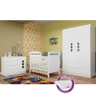Quarto Infantil com Berço Danny + Colchão + Guarda Roupa 4 Portas, Cômoda Livia - Phoenix Baby