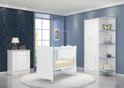 Quarto Infantil com Guarda Roupa 2 Portas 3 Gavetas com Cantoneira, Berço e Cômoda Doce Sonho Branco e Azul - Qmovi
