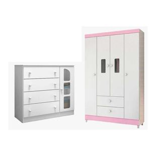 Quarto Infantil com Guarda Roupa Encanto e Cômoda Ametista Branco Rosa - Peternella